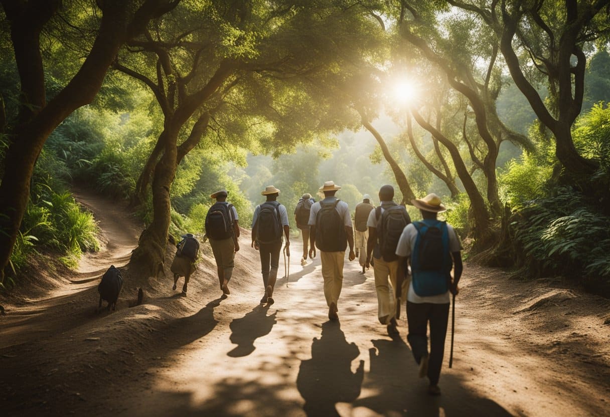 Psychology of Pilgrimages - A diverse group of pilgrims walks along a winding path, surrounded by lush greenery and diverse wildlife. The sun shines down on the peaceful scene, creating a serene and tranquil atmosphere