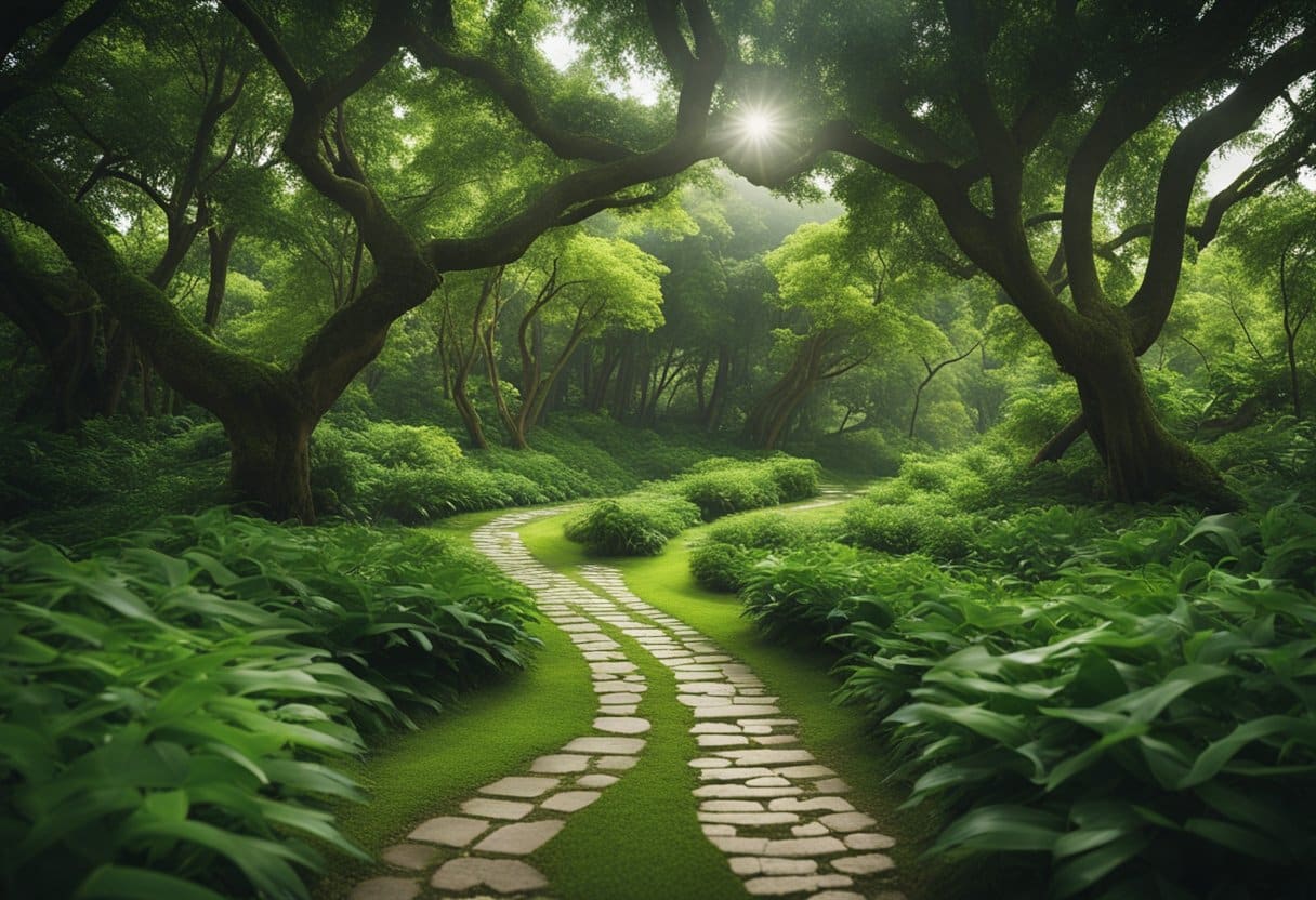 Psychology of Pilgrimages - A winding path through lush greenery, leading to a distant sacred site. A mix of traditional and modern symbols along the way