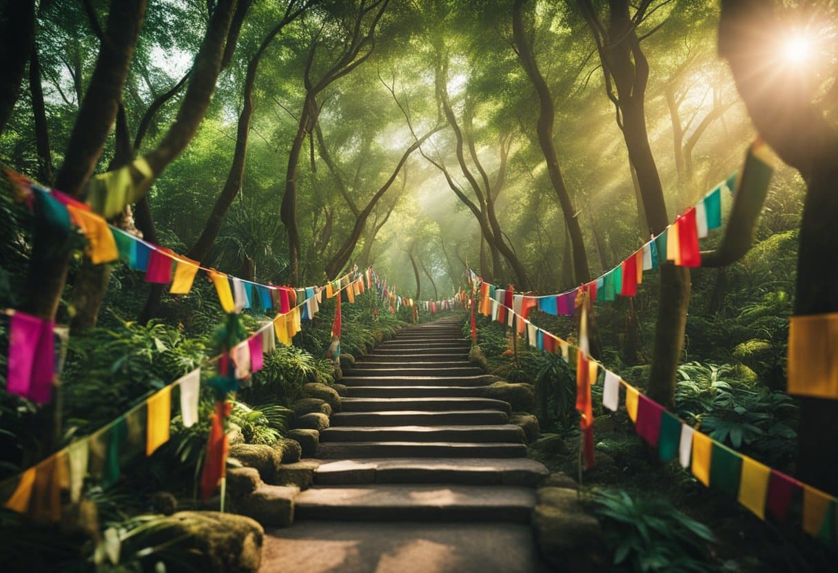 Psychology of Pilgrimages - A winding path through a lush forest, leading to a sacred shrine surrounded by colorful banners and offerings