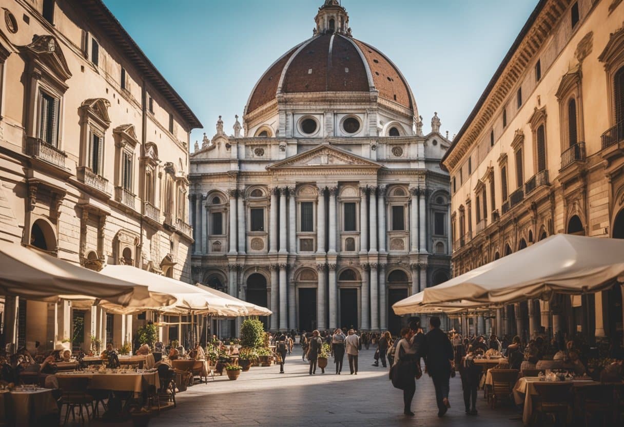 The Italian Renaissance - A bustling Italian piazza, with grand architecture and bustling activity, surrounded by the echoes of Renaissance art and culture