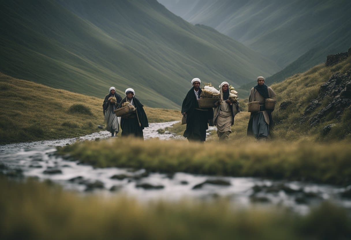Pilgrims journey through rugged landscapes, carrying relics and offerings to venerated saints. They face harsh weather and treacherous terrain on their spiritual quest