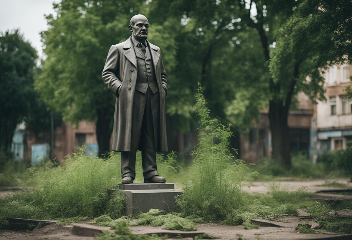 Communist Utopias: A crumbling statue of Lenin stands in a desolate town square, surrounded by overgrown weeds and abandoned buildings. The once grand symbol of communist utopia now serves as a haunting reminder of a failed ideology