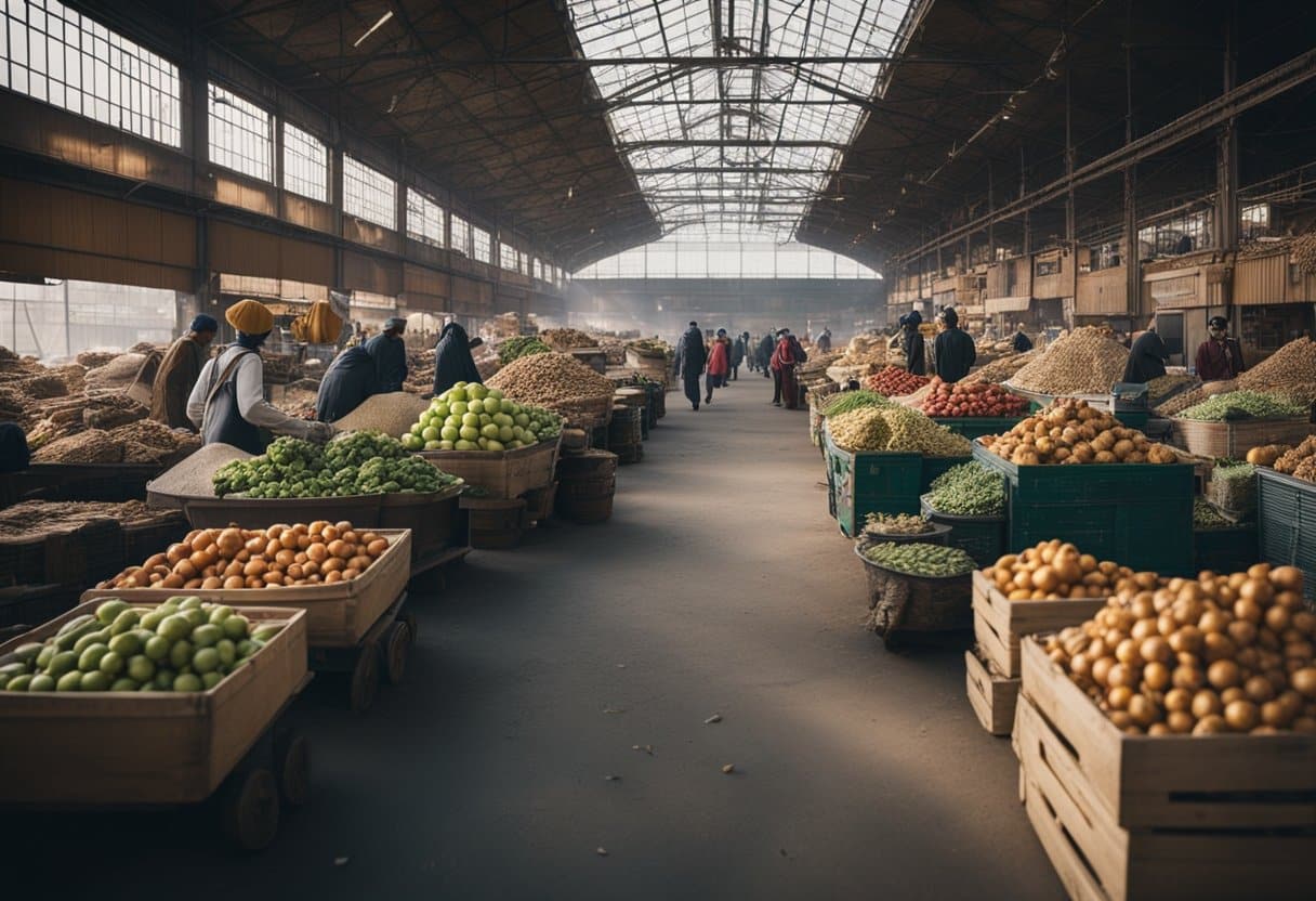Communist Utopias: A bustling marketplace with goods from around the world, contrasting with abandoned factories and empty fields, symbolizing the impact of economic policies on communist societies