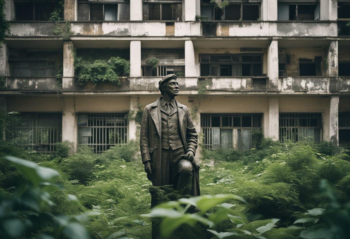 Communist Utopias: A group of dilapidated buildings with faded propaganda slogans, a rusting statue of a revolutionary leader, and overgrown gardens symbolize the remnants of failed communist utopias outside of Europe