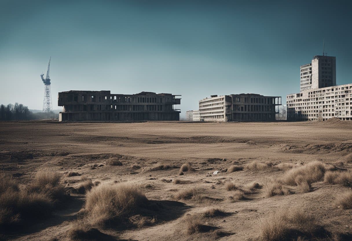 Communist Utopias: A desolate landscape with remnants of communist architecture, juxtaposed with modern structures. The contrast symbolizes the rise and fall of communist utopias, capturing the legacy and perception of the era