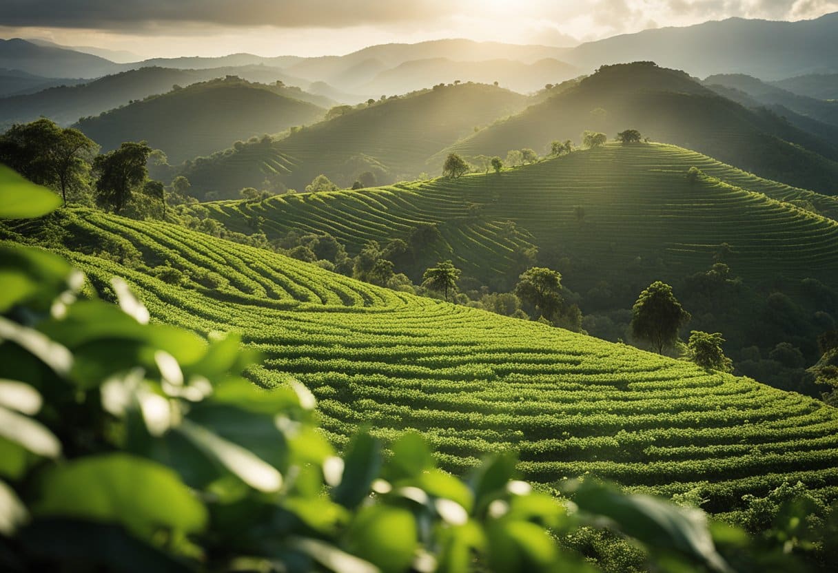 Ethiopian Coffee: Lush green coffee plants cover the rolling hills of Ethiopia. The sun shines down on the rich soil, as farmers carefully tend to the precious beans