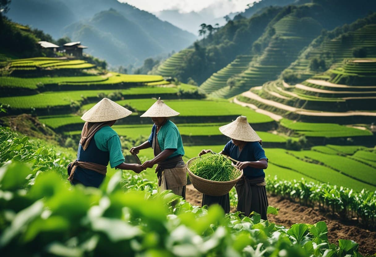 Indigenous farmers tending to diverse crops on terraced fields, surrounded by mountains and traditional agricultural tools