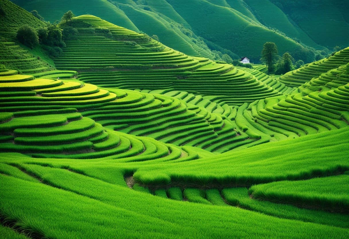 Lush, terraced fields stretch across the landscape, bursting with vibrant crops native to the region. A clear mountain stream winds through the scene, nourishing the land