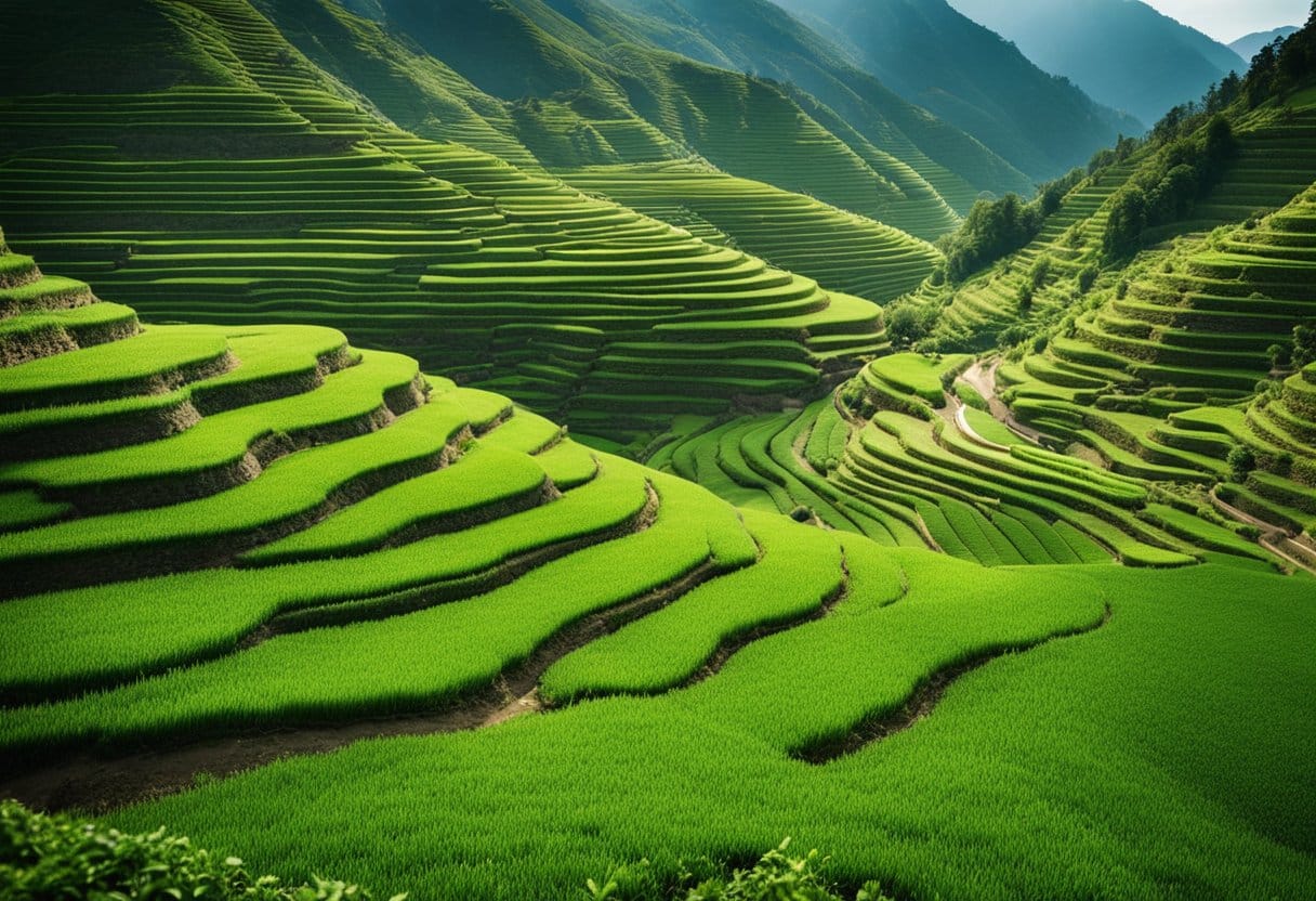 Lush terraced fields cling to steep mountainsides. Irrigation channels flow through the landscape, nourishing crops. A diverse array of crops, from potatoes to quinoa, thrive in the rich soil