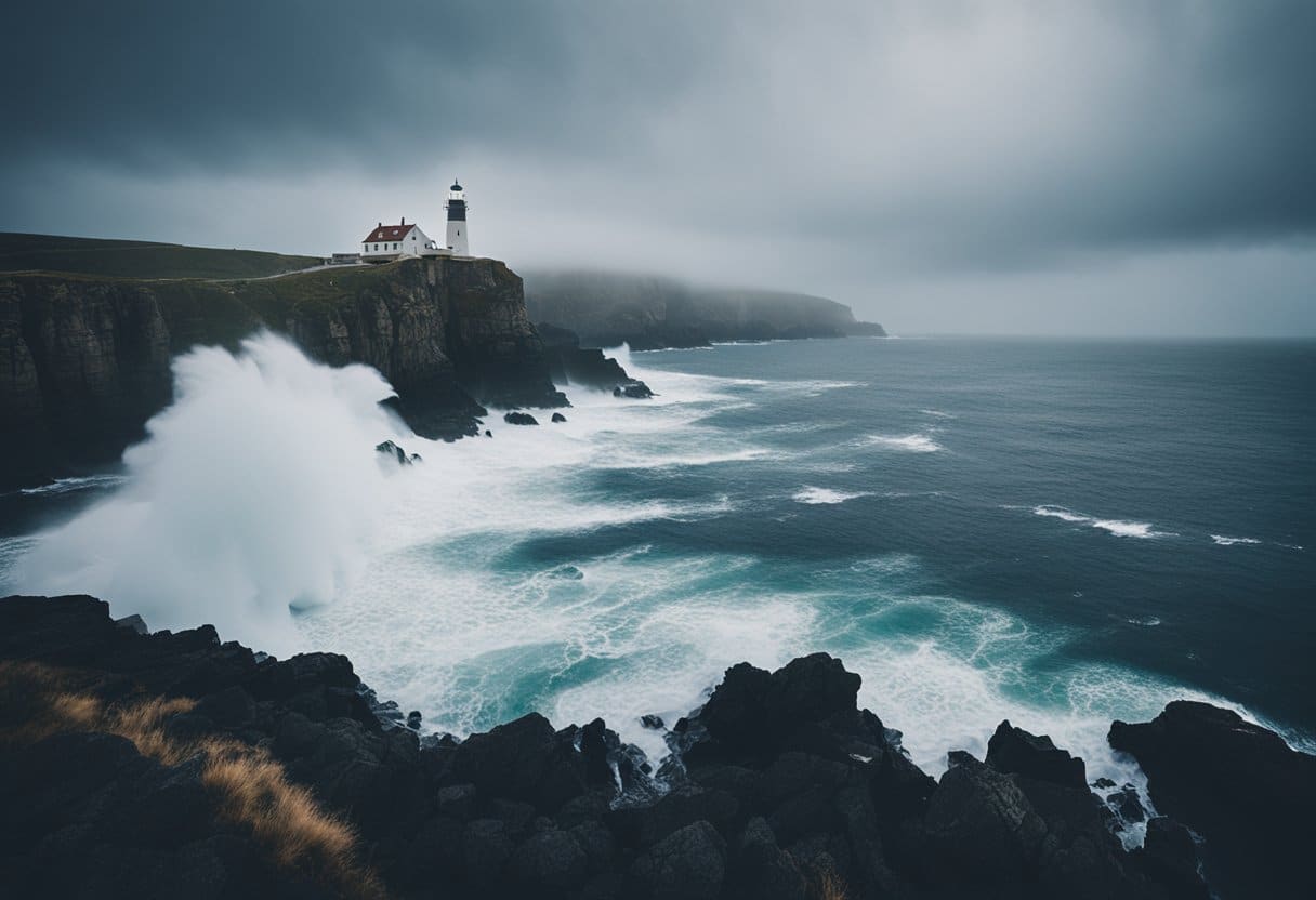 Folklore of Irish Coastal Towns - The rugged cliffs meet the crashing waves, while a lighthouse stands tall against the stormy sky, shrouded in mist and mystery