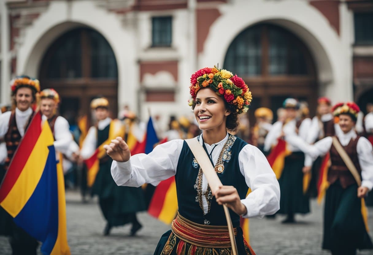 Vibrant folk dancers in traditional costumes perform in front of historic buildings, while protestors wave flags and banners in the streets of the Baltic States