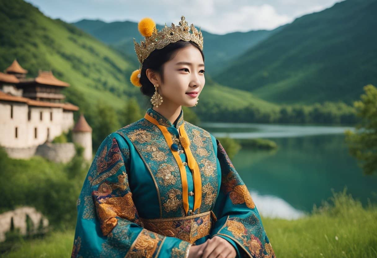 Vibrant folk costumes and intricate patterns adorn a landscape of rolling hills and ancient castles, with a backdrop of lush forests and sparkling lakes