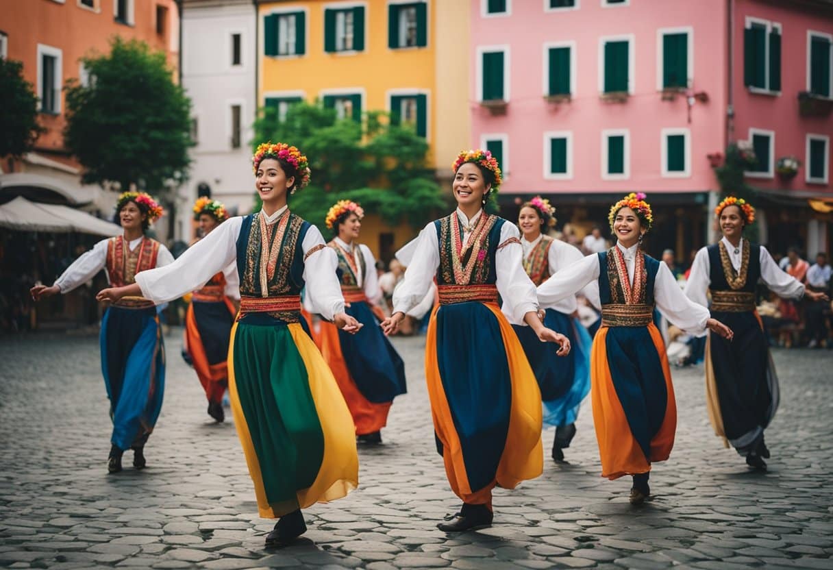 Rolling green hills meet the rugged coastline, dotted with ancient castles and colorful wooden houses. Traditional folk music fills the air, as locals celebrate their rich heritage