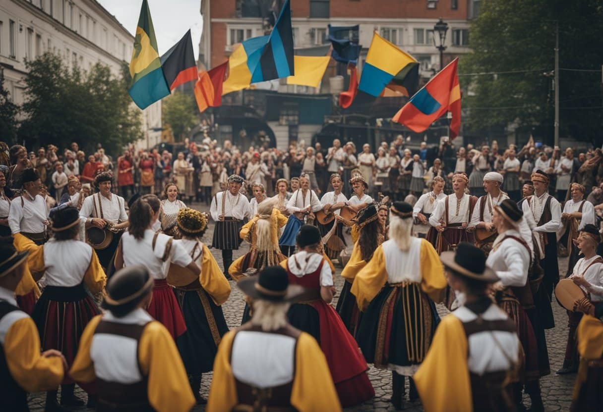 Vibrant folk dancers and musicians gather in a circle, celebrating Baltic traditions amidst a backdrop of protest banners and symbols of resistance