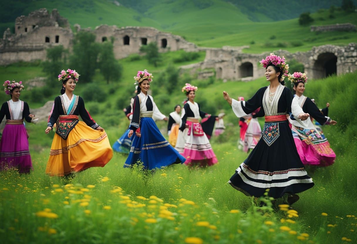 Vibrant folk dancers in traditional costumes perform on a lush, green hillside, surrounded by blooming wildflowers and ancient stone ruins