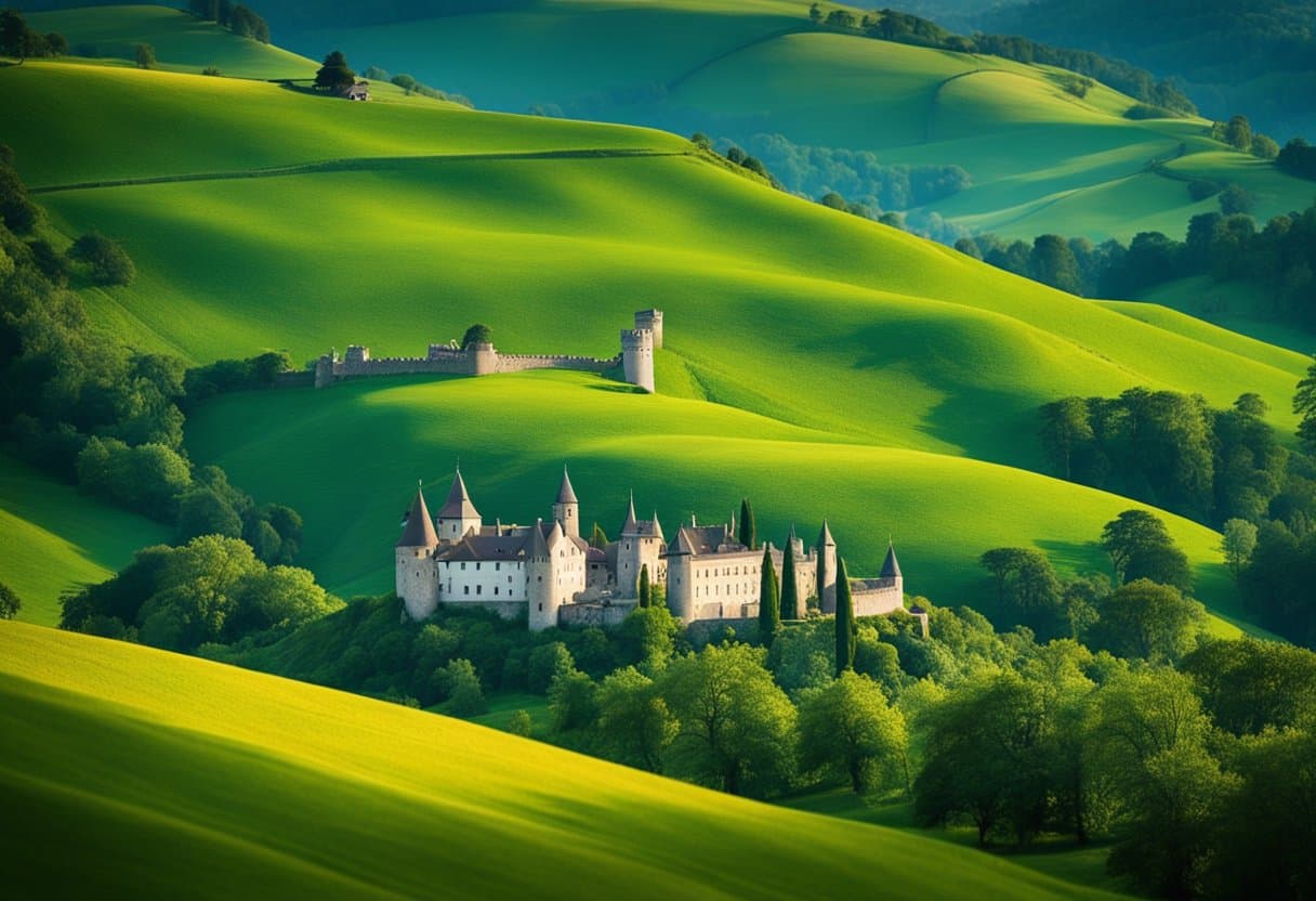 Rolling hills, dotted with ancient castles, stretch into the distance. A colorful tapestry of traditional villages and lush forests. A sense of resilience and history in the air