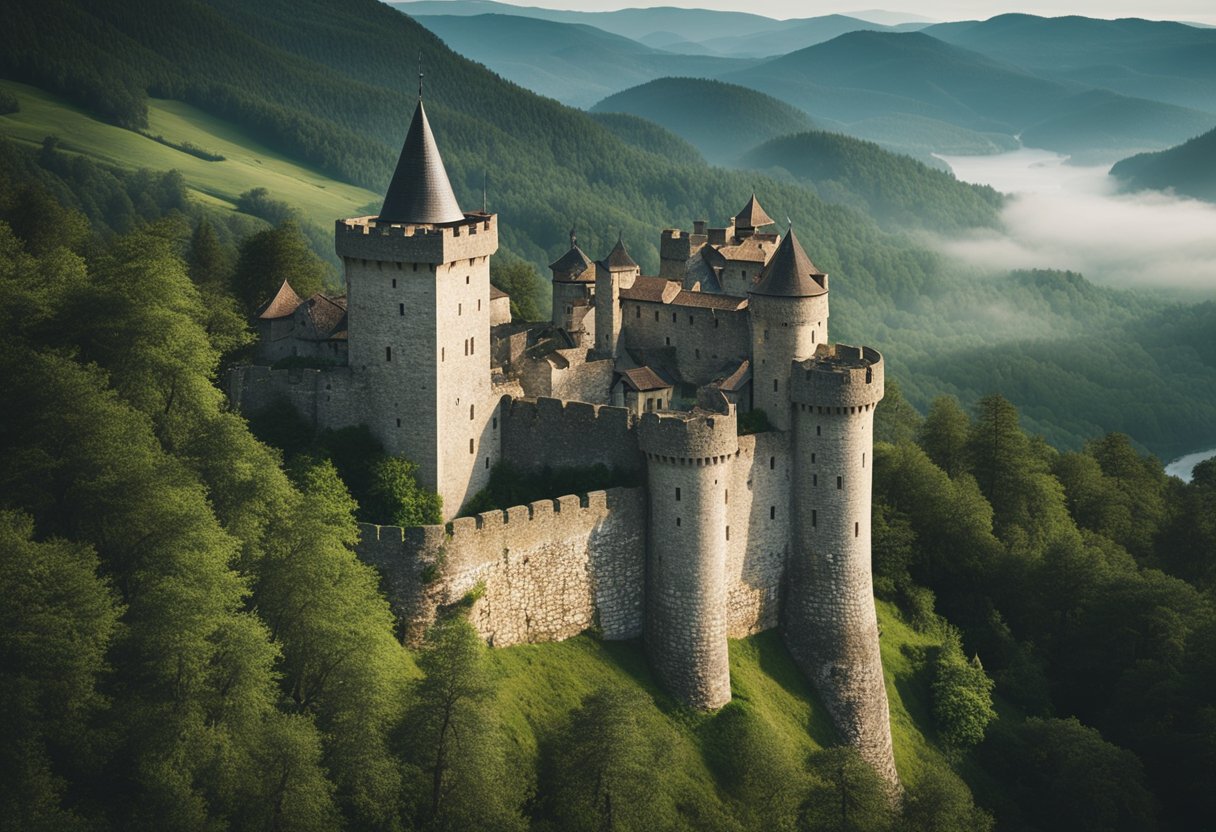 A medieval castle overlooks rolling hills, surrounded by dense forests and a winding river. A sense of strength and resilience emanates from the ancient stone walls