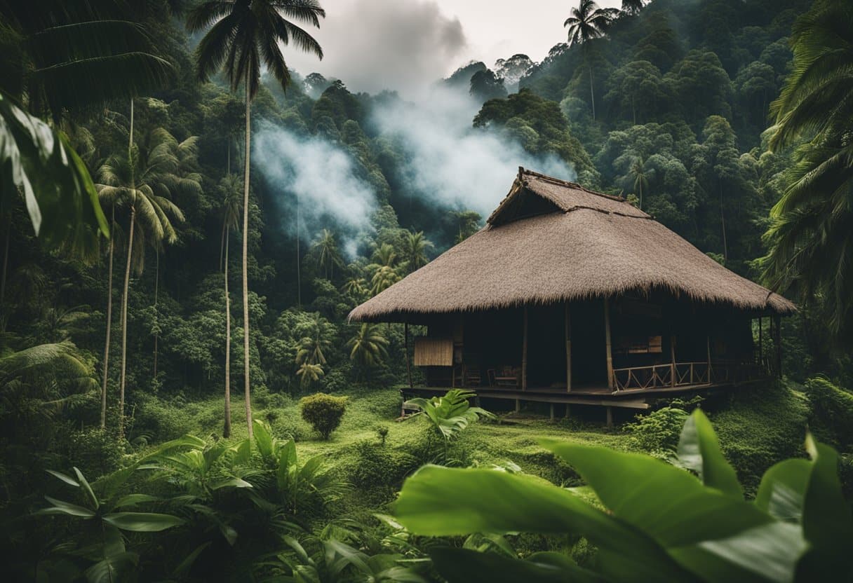 A longhouse nestled in the lush jungle, surrounded by towering trees and vibrant wildlife. Smoke rises from the communal hearth as the community interacts with the natural environment