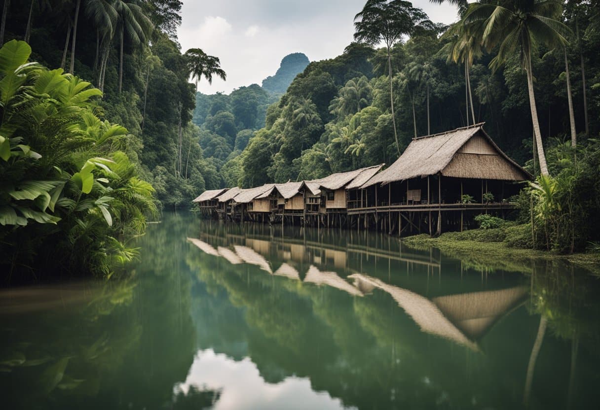 A longhouse nestled in the lush Borneo jungle, accessible only by a narrow river. Canoes and footbridges connect the community, surrounded by dense foliage