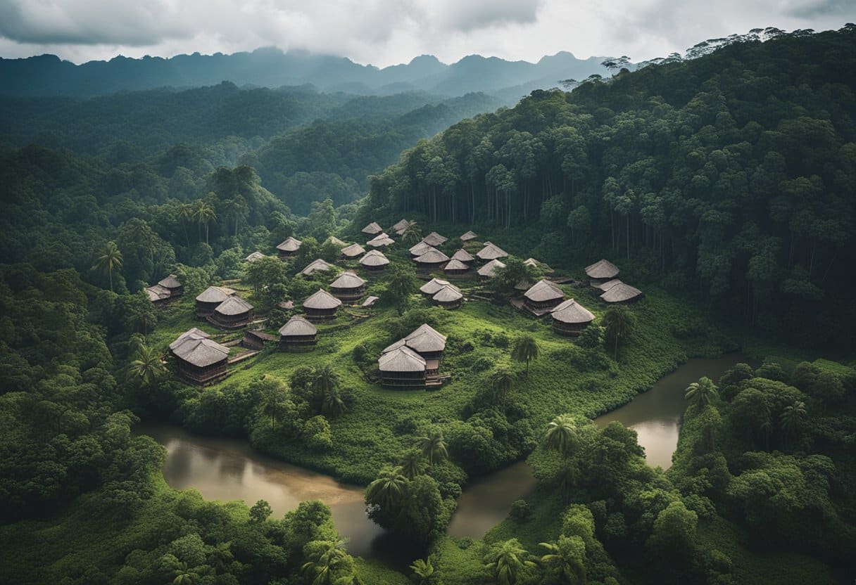 Aerial view of traditional longhouses nestled in the lush Borneo jungle, surrounded by tall trees and a winding river