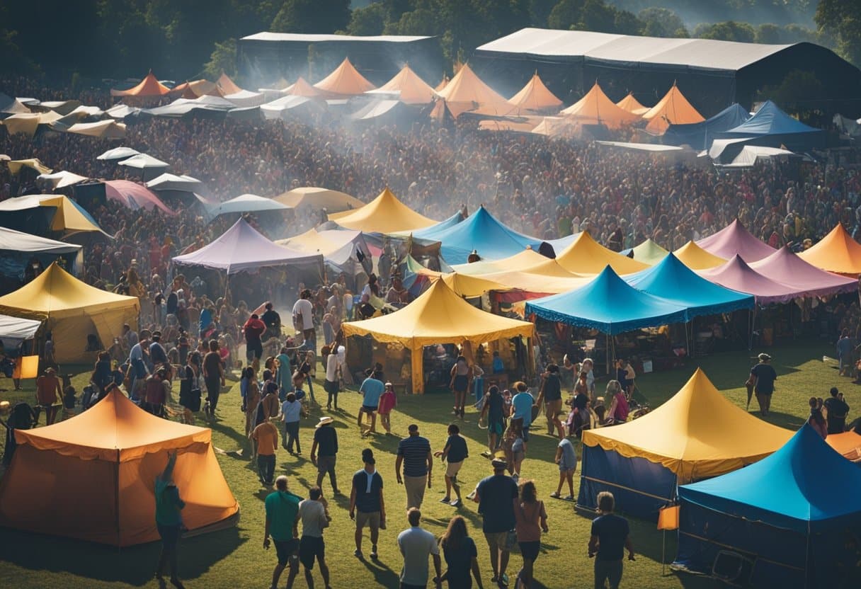 A bustling music festival with multiple stages, food vendors, and attendees enjoying the music
