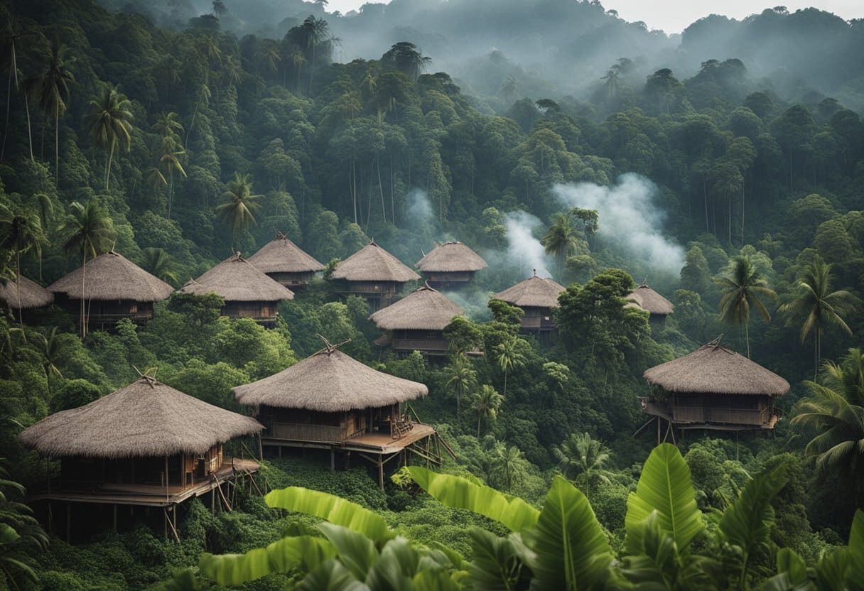 A cluster of traditional longhouses nestled within the lush Borneo jungle, with smoke rising from the thatched roofs and the sound of community life echoing through the dense foliage