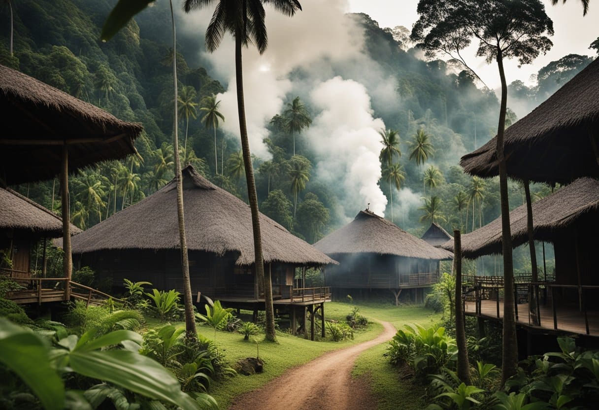 A longhouse nestled in the lush Borneo jungle, surrounded by towering trees and vibrant flora. Smoke rises from the communal hearth as residents go about their daily tasks