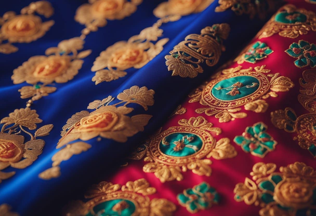 The Silk Painter's Path - Vibrant silk textiles from Asia adorned with intricate religious and cultural symbols. Rich colors and delicate patterns reflect the influence of tradition on textile art