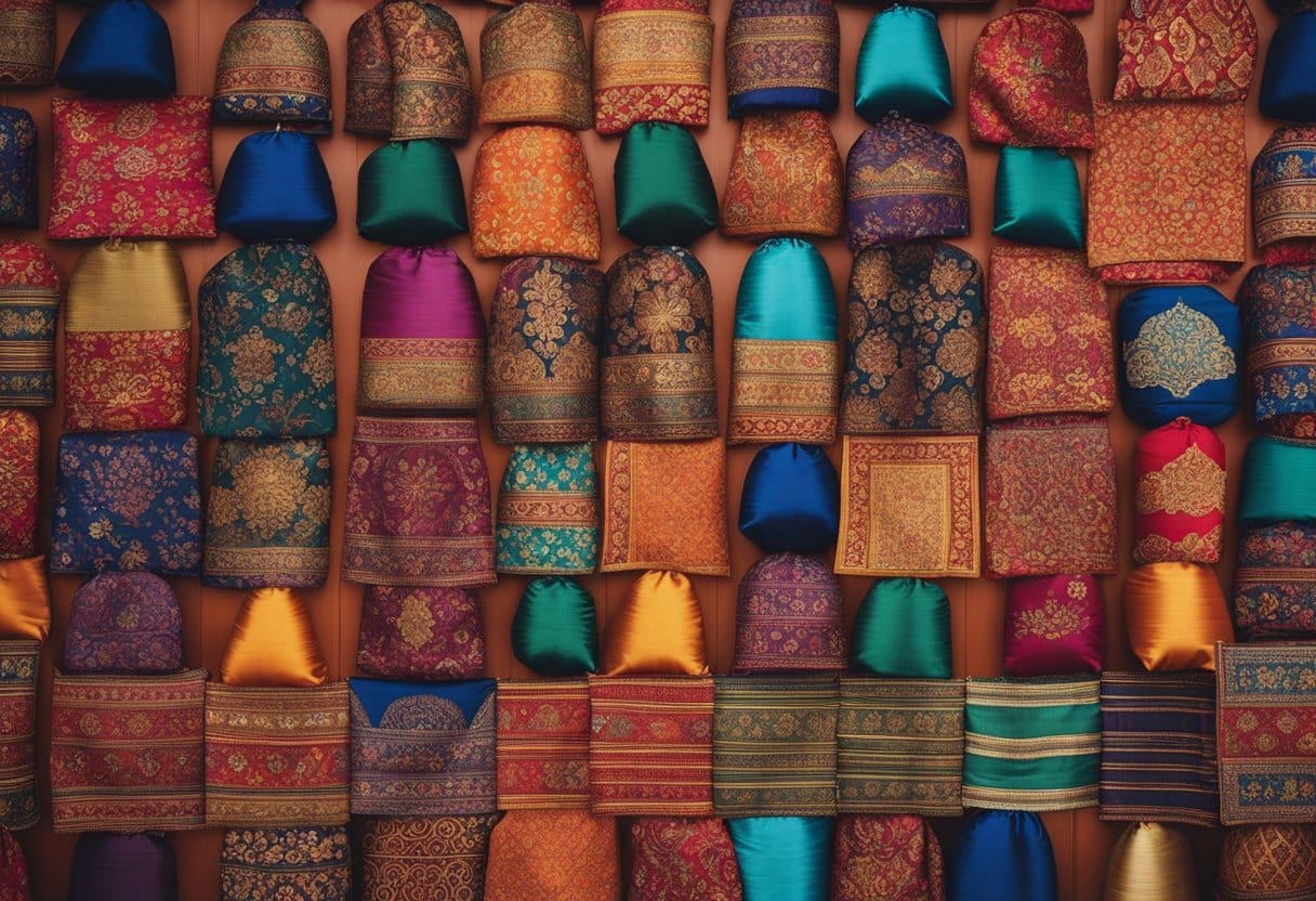 The Silk Painter's Path - Vibrant textiles line the bustling Silk Road market, showcasing the rich cultural exchange between Asia and the world