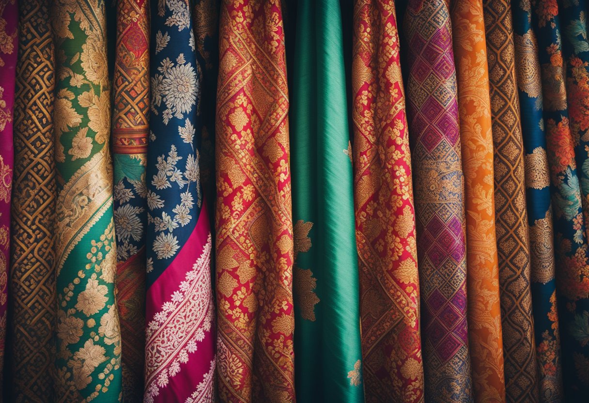 The Silk Painter's Path - A colorful array of traditional textile patterns from Asia, including intricate silk weavings, vibrant batik prints, and delicate embroidery, are displayed against a backdrop of lush landscapes and bustling marketplaces