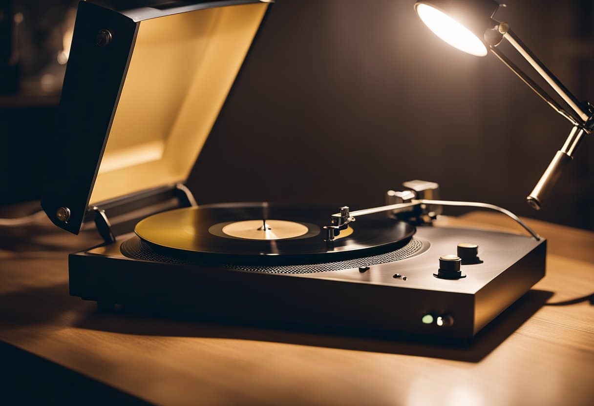 A vintage record player sits on a sleek, minimalist table surrounded by old vinyl records. The warm glow of a retro-style lamp illuminates the scene, creating a cozy and nostalgic atmosphere