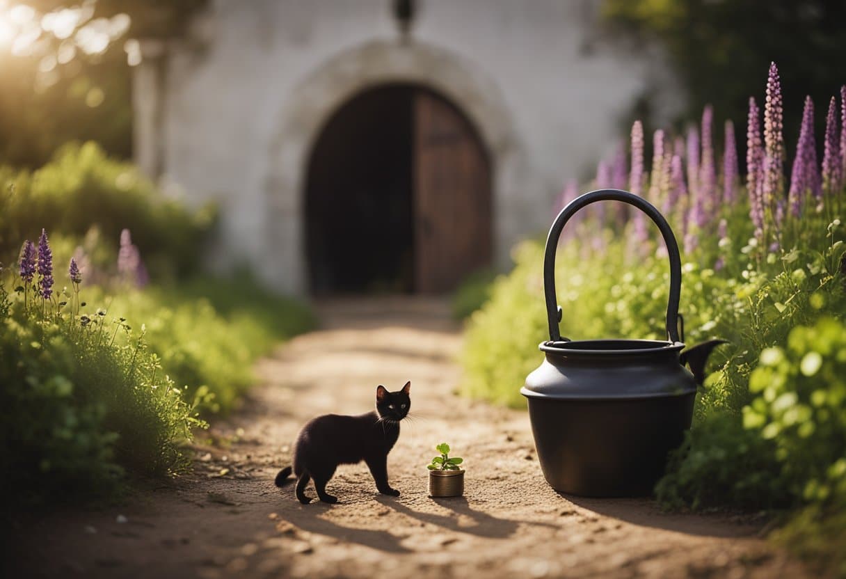 A horseshoe hangs above a rustic doorway, surrounded by four-leaf clovers and a sprig of heather. A black cat crosses the path, while a pot of gold glimmers in the distance