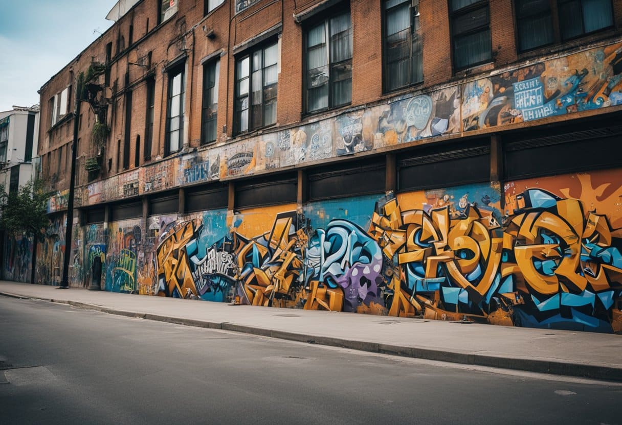 Urban buildings covered in vibrant street art, depicting political and economic messages. Graffiti murals display social commentary and protest slogans, capturing the city's diverse voices
