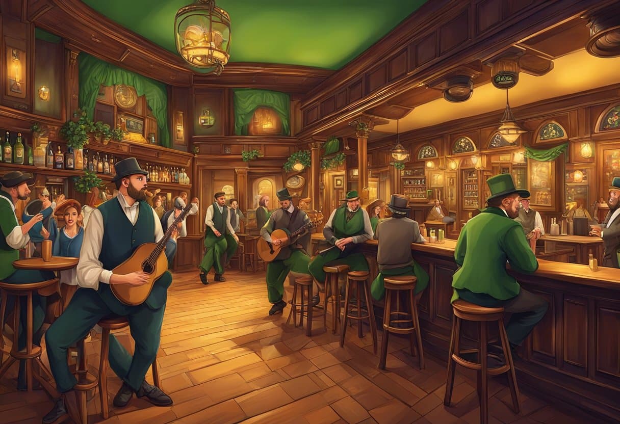 A lively Irish pub with traditional music, dancers, and theater performances. Vibrant colors, intricate details, and a warm, inviting atmosphere