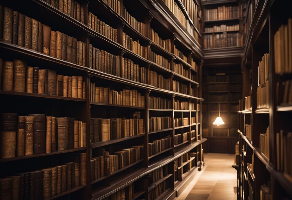 A dimly lit library with towering bookshelves, cobweb-covered tomes, and dusty reading nooks, exuding an air of mystery and solitude