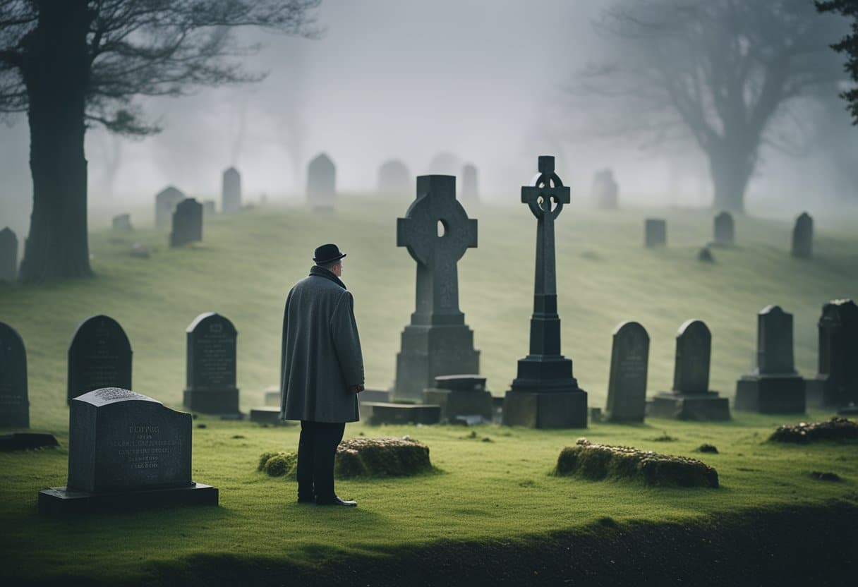 Language of Loss - A solitary figure stands before a traditional Irish gravestone, surrounded by symbols of mourning and remembrance. The landscape is blanketed in mist, evoking a sense of solemnity and introspection