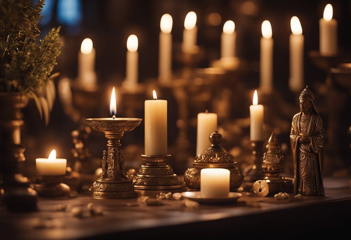 Language of Loss - A candle-lit altar with symbolic objects from various cultures, surrounded by mourners from different backgrounds