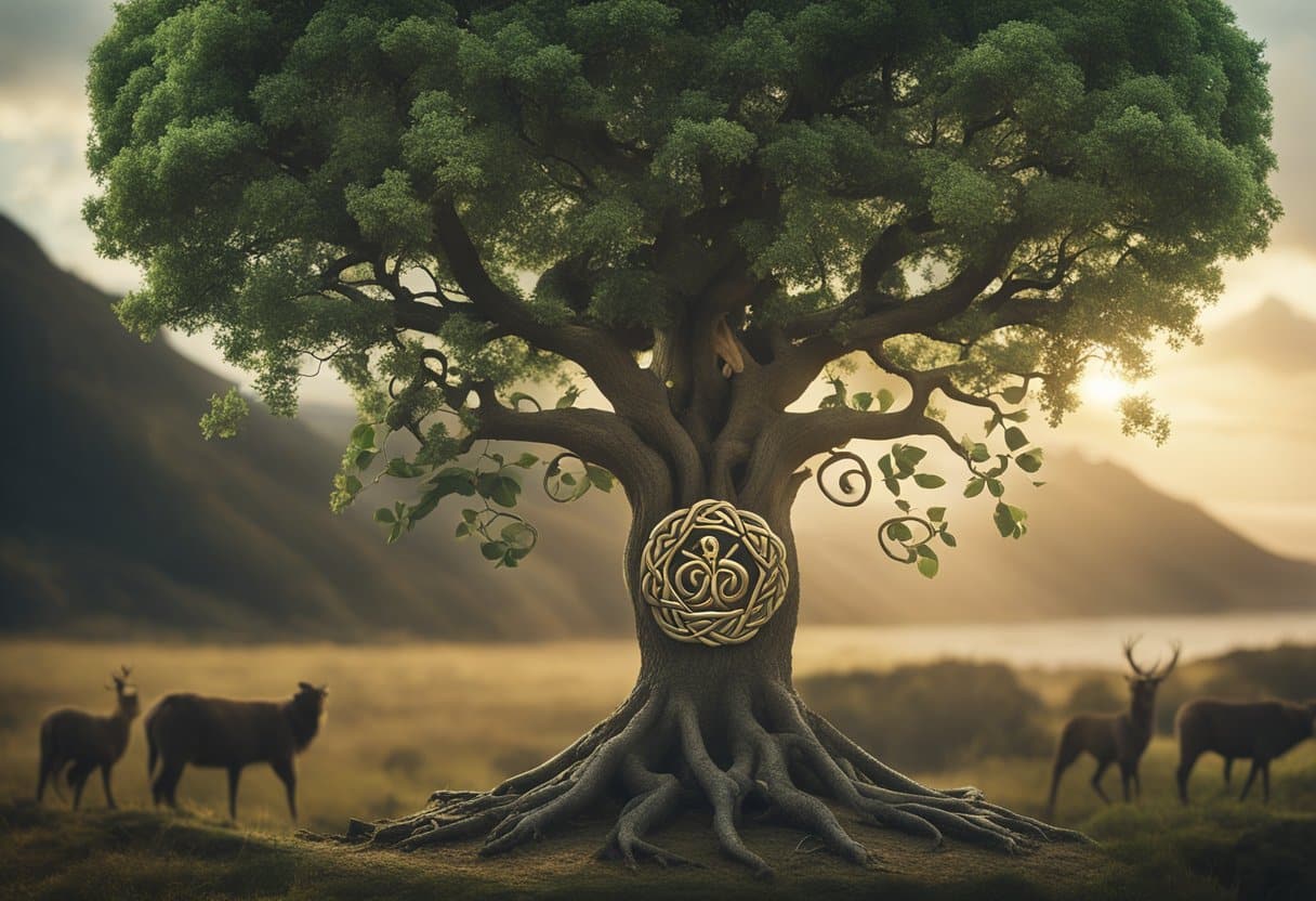 Irish Language - A tree with Celtic symbols grows from ancient to modern, surrounded by mythical creatures and changing landscapes