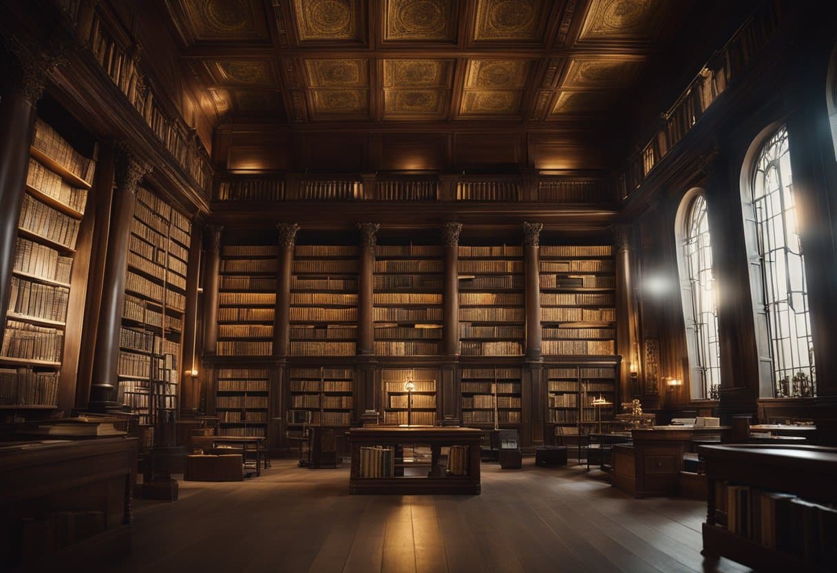 A dimly lit library with ancient books on wooden shelves, surrounded by silence and stillness. Dust particles dance in the soft light, creating an atmosphere of preserved knowledge and history