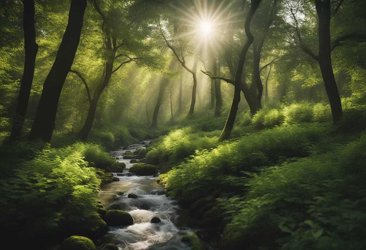 A serene forest with trees swaying in the wind, animals roaming freely, and a gentle stream flowing through the landscape, portraying the harmony and spirituality of animism in contemporary society