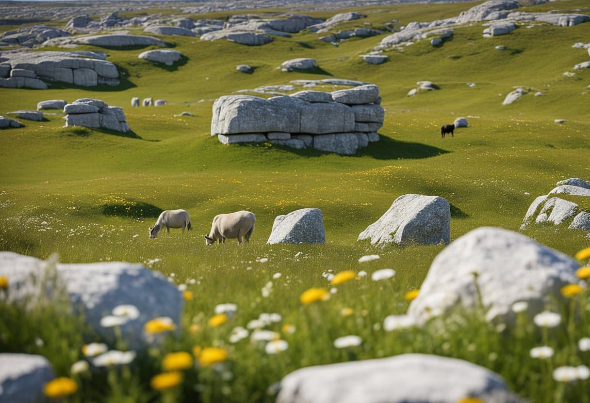 The Burren - Limestone rocks scattered with wildflowers and grazing animals in the Burren, under a clear blue sky