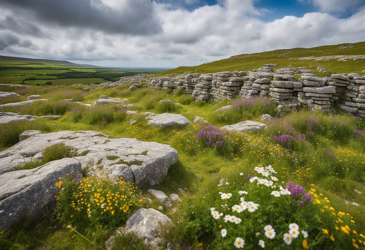 The Burren: Rugged limestone terrain with ancient ruins and megalithic tombs, surrounded by lush greenery and dotted with colorful wildflowers