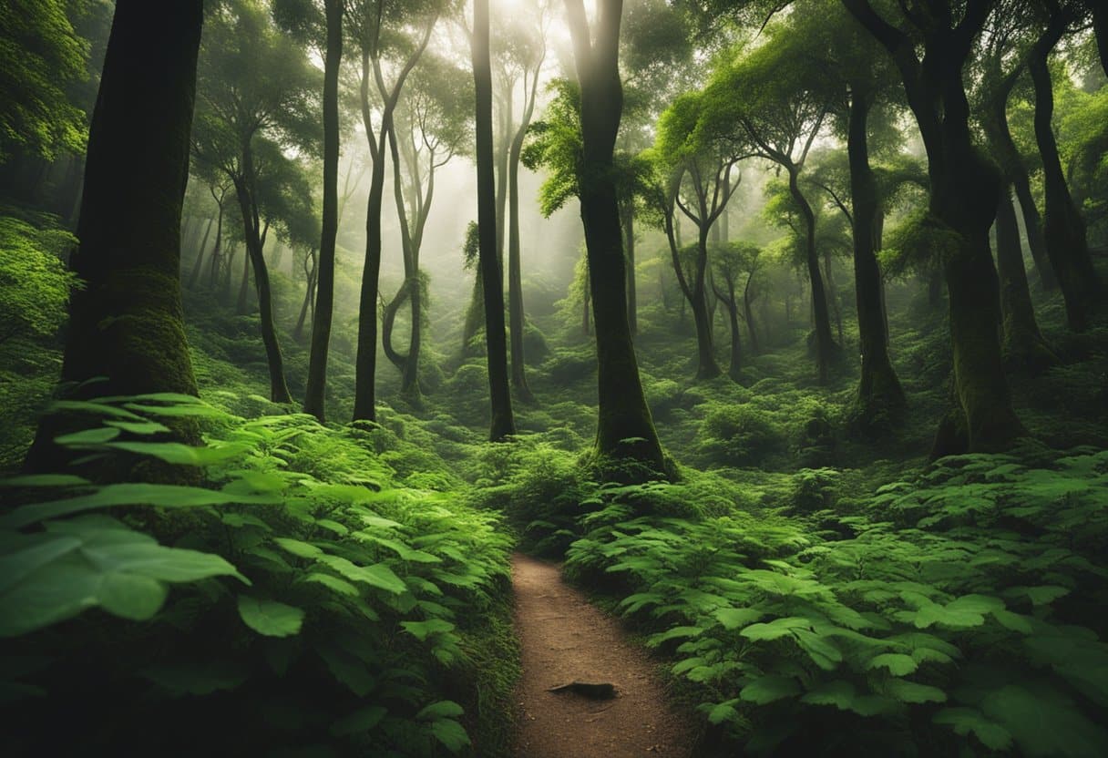 A dense forest with ancient, towering trees, lush greenery, and a sense of tranquility. A variety of plant and animal life coexist in harmony, creating a sacred and protected environment