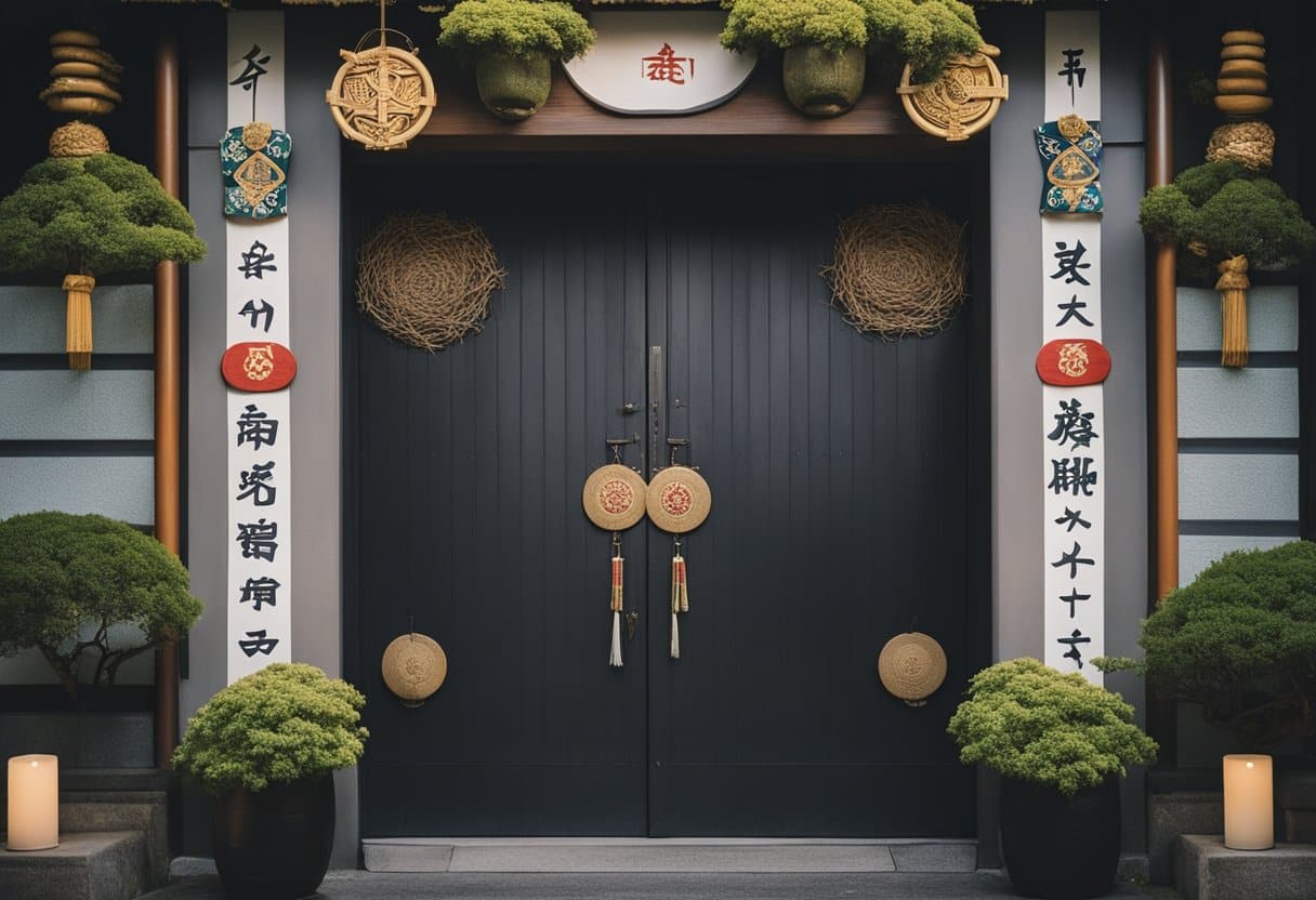 Doorway traditions - A traditional Irish door with a bright red color and a horseshoe hanging above it, while a Japanese door adorned with a paper lantern and cherry blossom designs