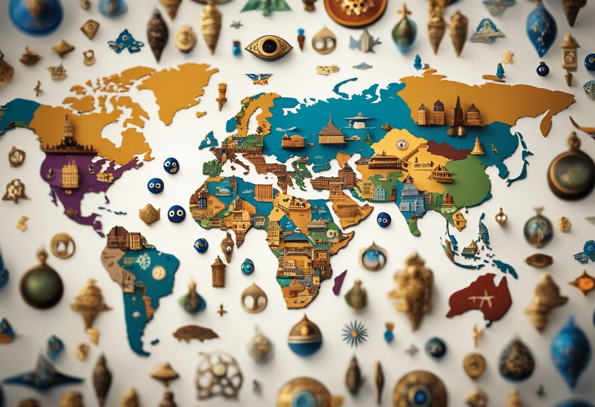 A world map with diverse cultural symbols, each representing the evil eye myth from different regions