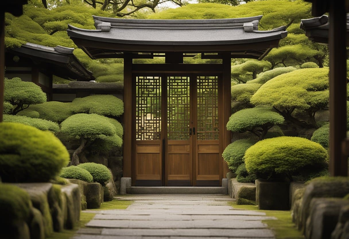 Doorway traditions - A traditional Irish door opens into a serene Japanese garden, symbolizing the journey of personal growth and transformation across cultures