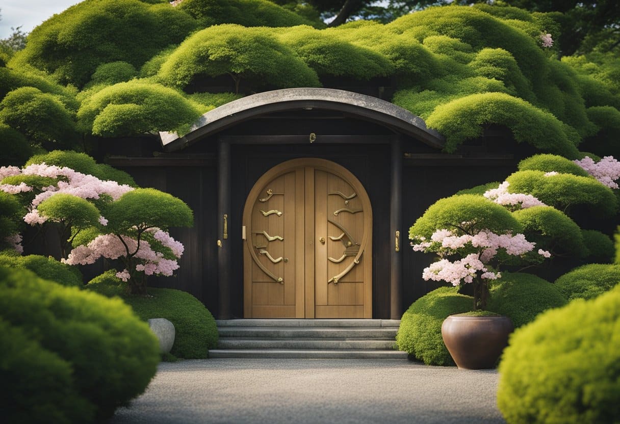 Doorway traditions - A traditional wooden doorway with intricate carvings and symbolic motifs from both Irish and Japanese cultures, representing the concept of crossing thresholds