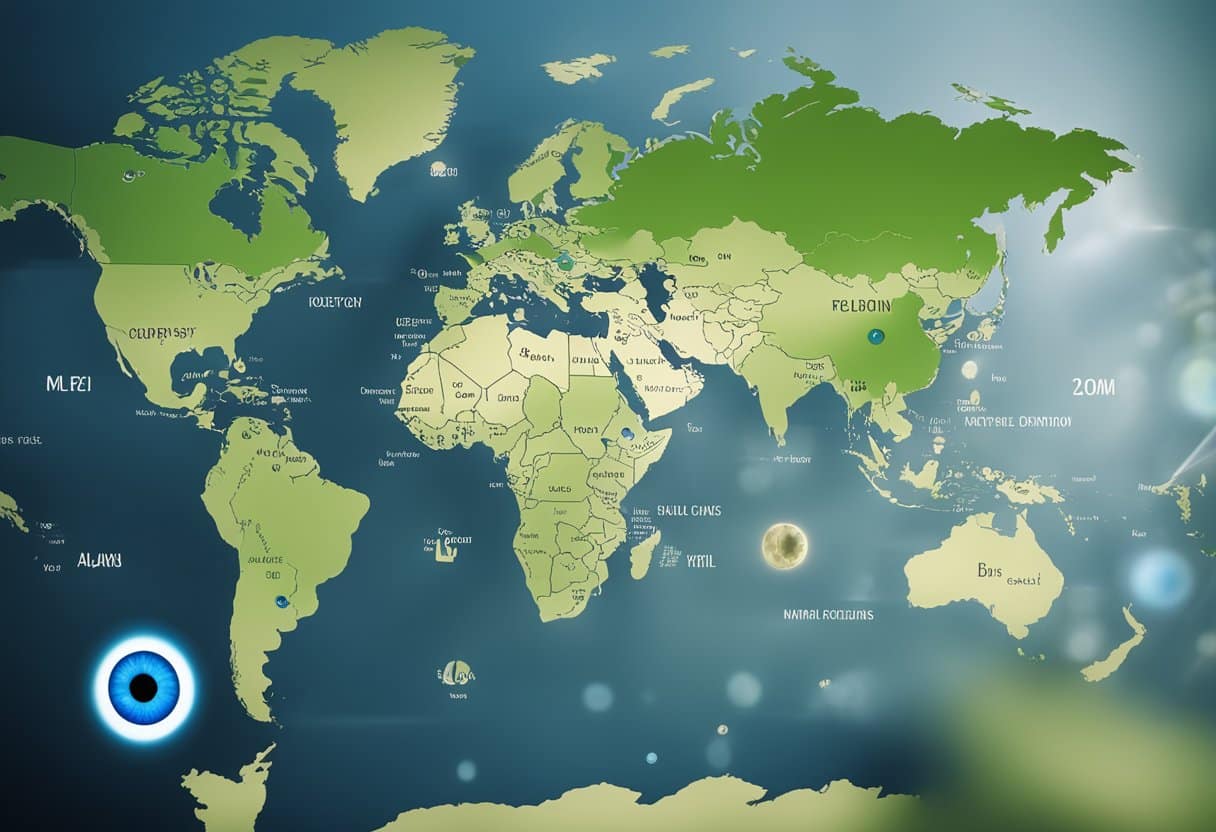 A world map with different colored eyes representing global variations of the evil eye myth