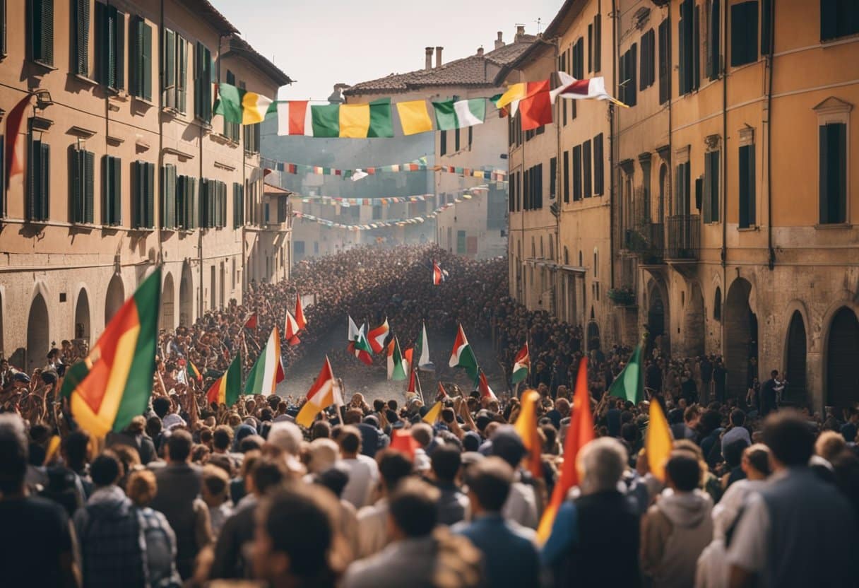 A crowded medieval square, colorful flags fluttering, a dirt track lined with cheering spectators, and powerful horses thundering around a historic Italian city