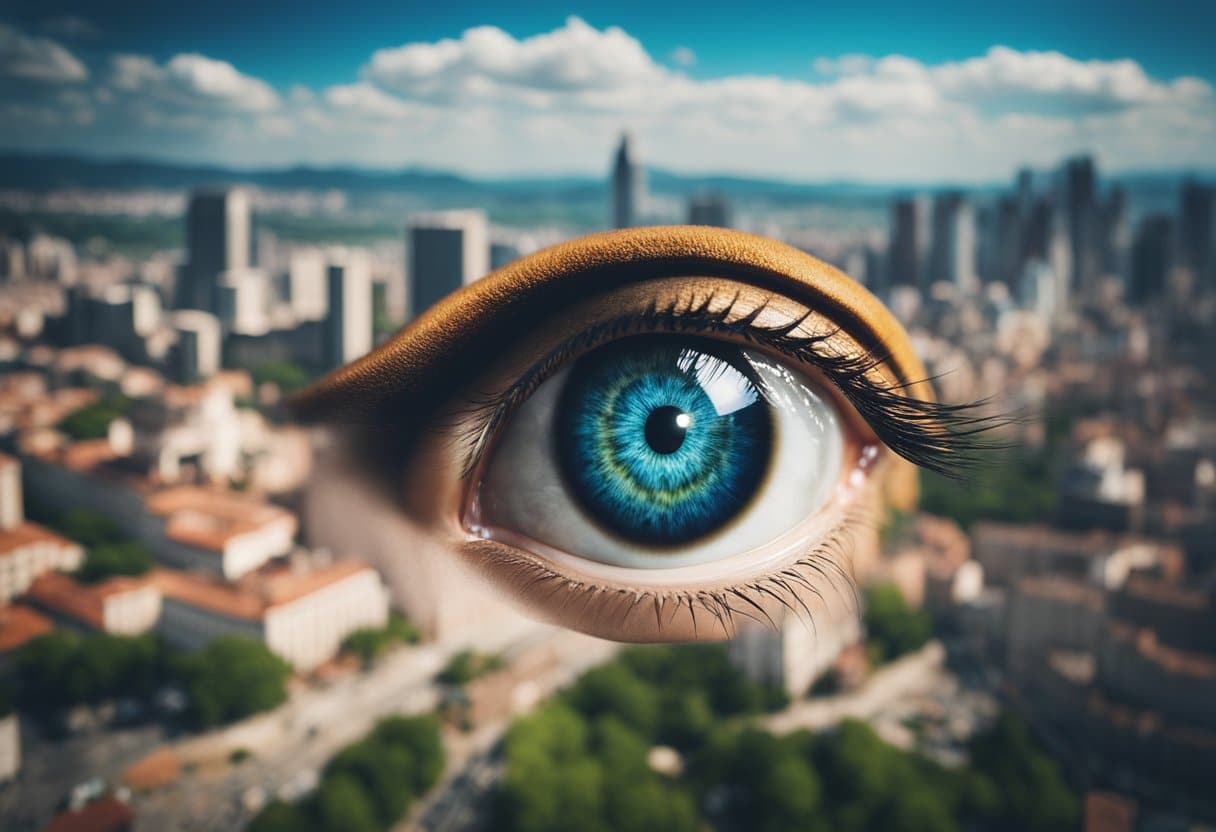 A sinister eye hovers over diverse landscapes, from bustling cities to serene countryside, symbolizing the global reach of the evil eye myth